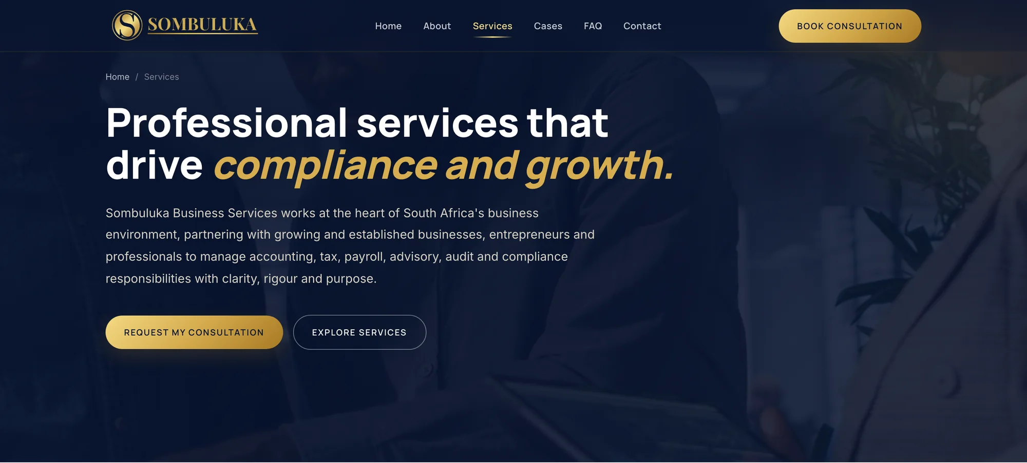 Sombuluka Business Services website — services page — desktop, hero