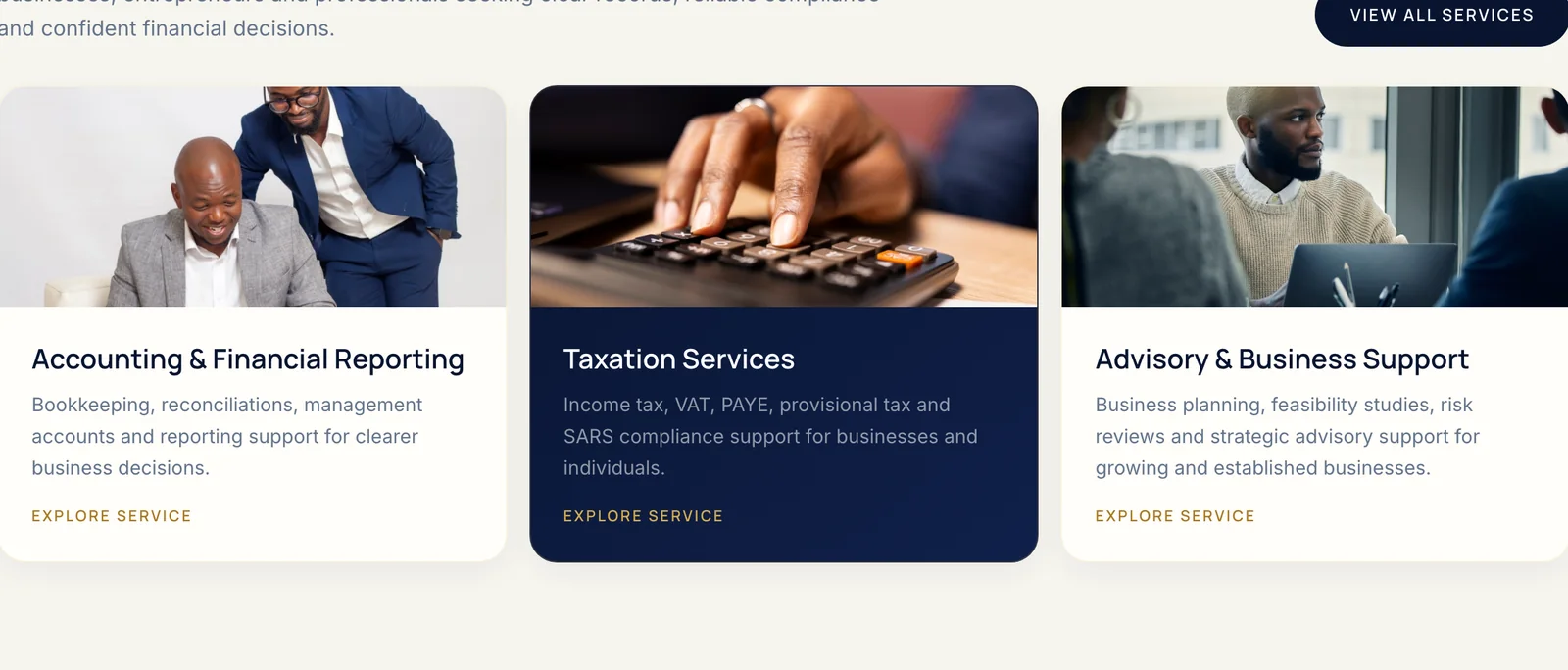 Sombuluka Business Services website — home page — desktop, service cards