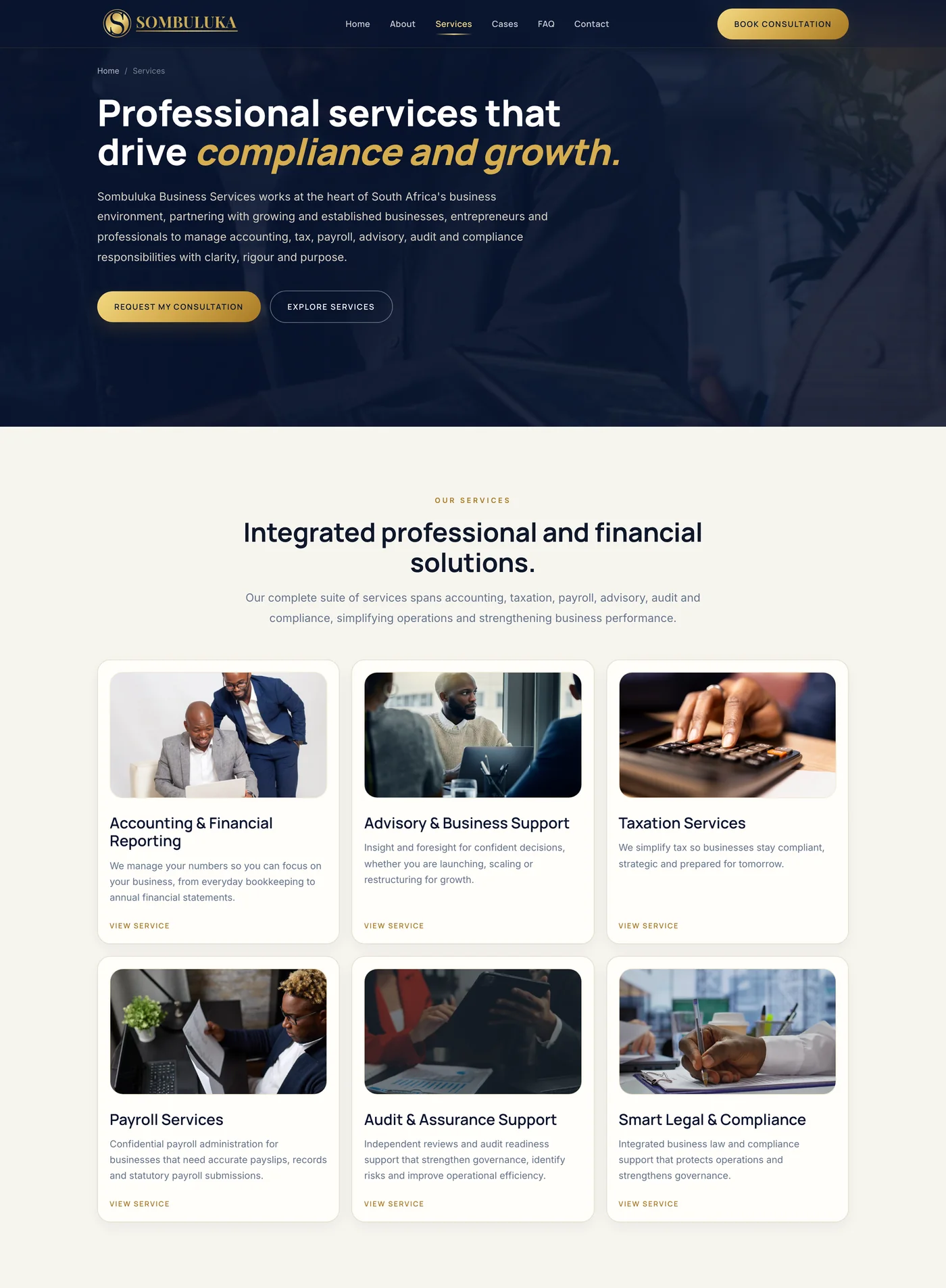 Sombuluka Business Services website — services page — desktop, full service list
