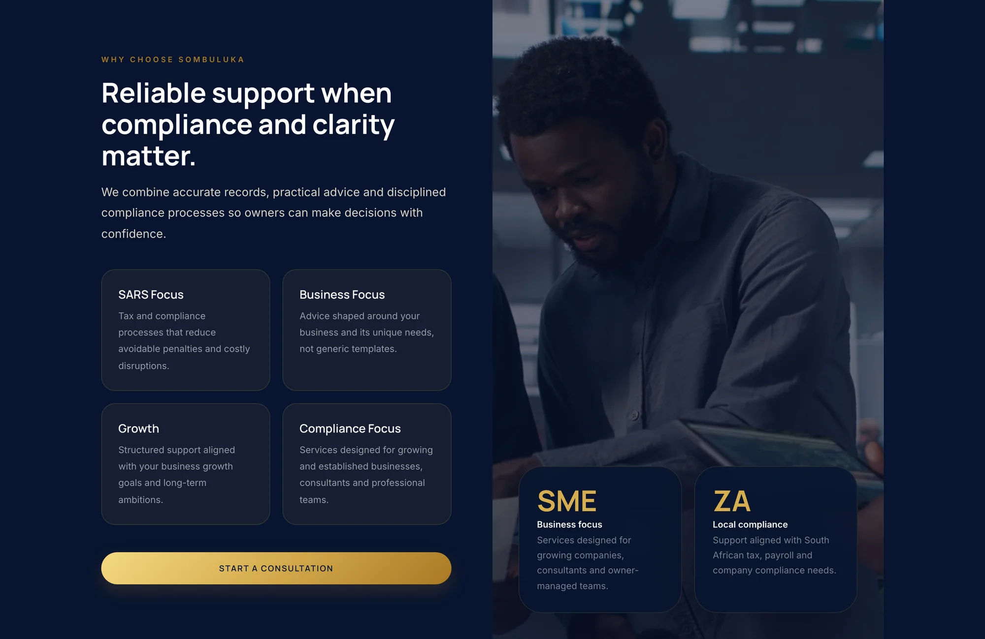 Sombuluka Business Services website — home page — desktop, Why Sombuluka
