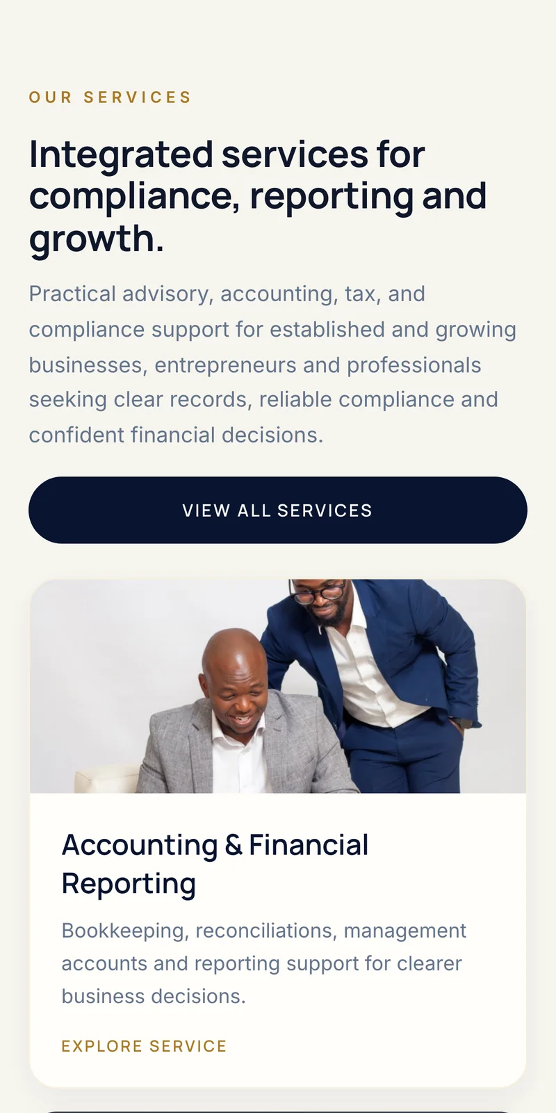 Sombuluka Business Services website — home page — mobile, services