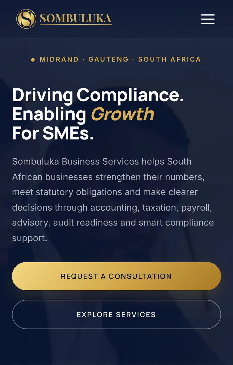 Sombuluka Business Services website — home page — mobile