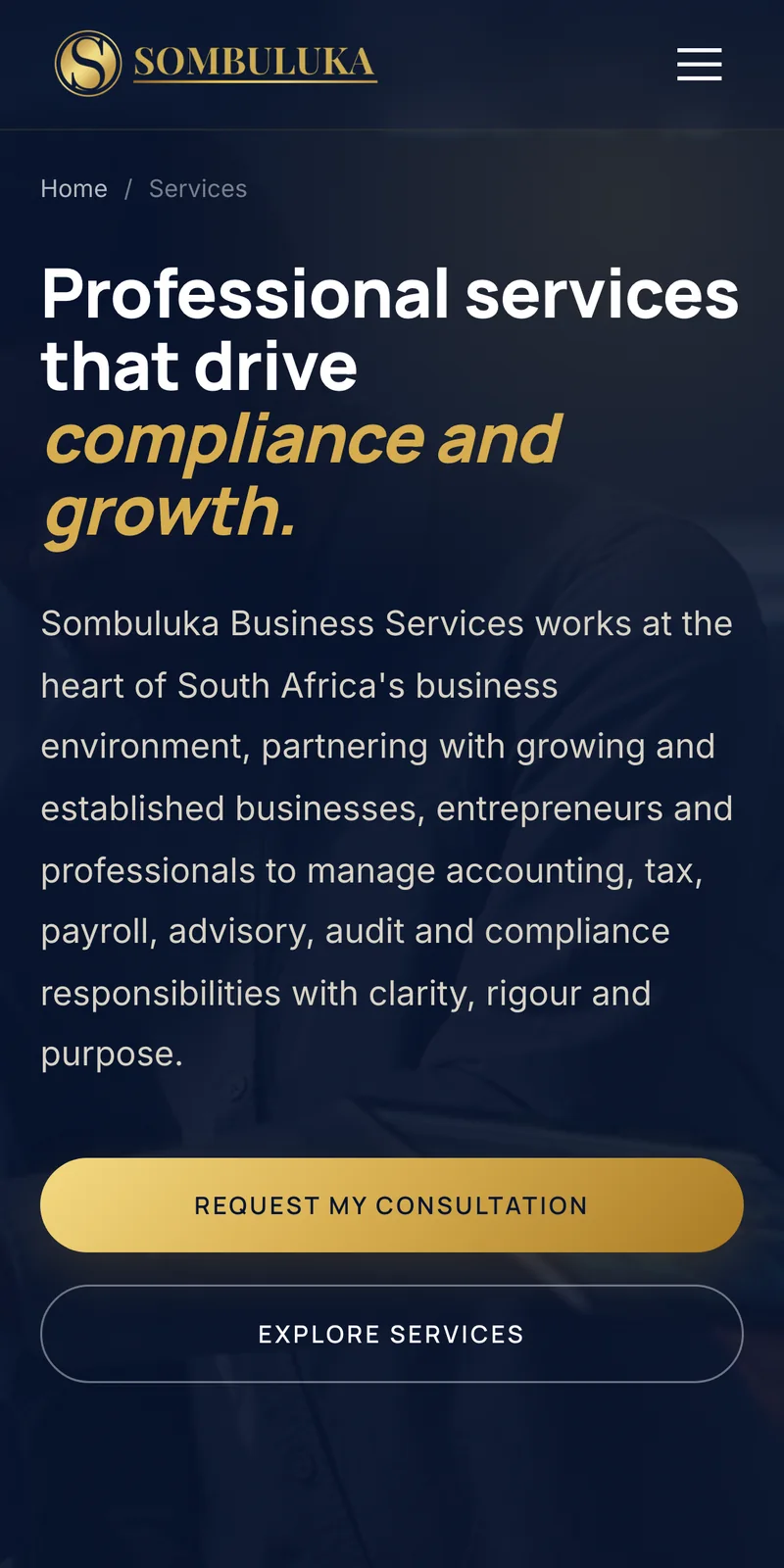 Sombuluka Business Services website — services page — mobile