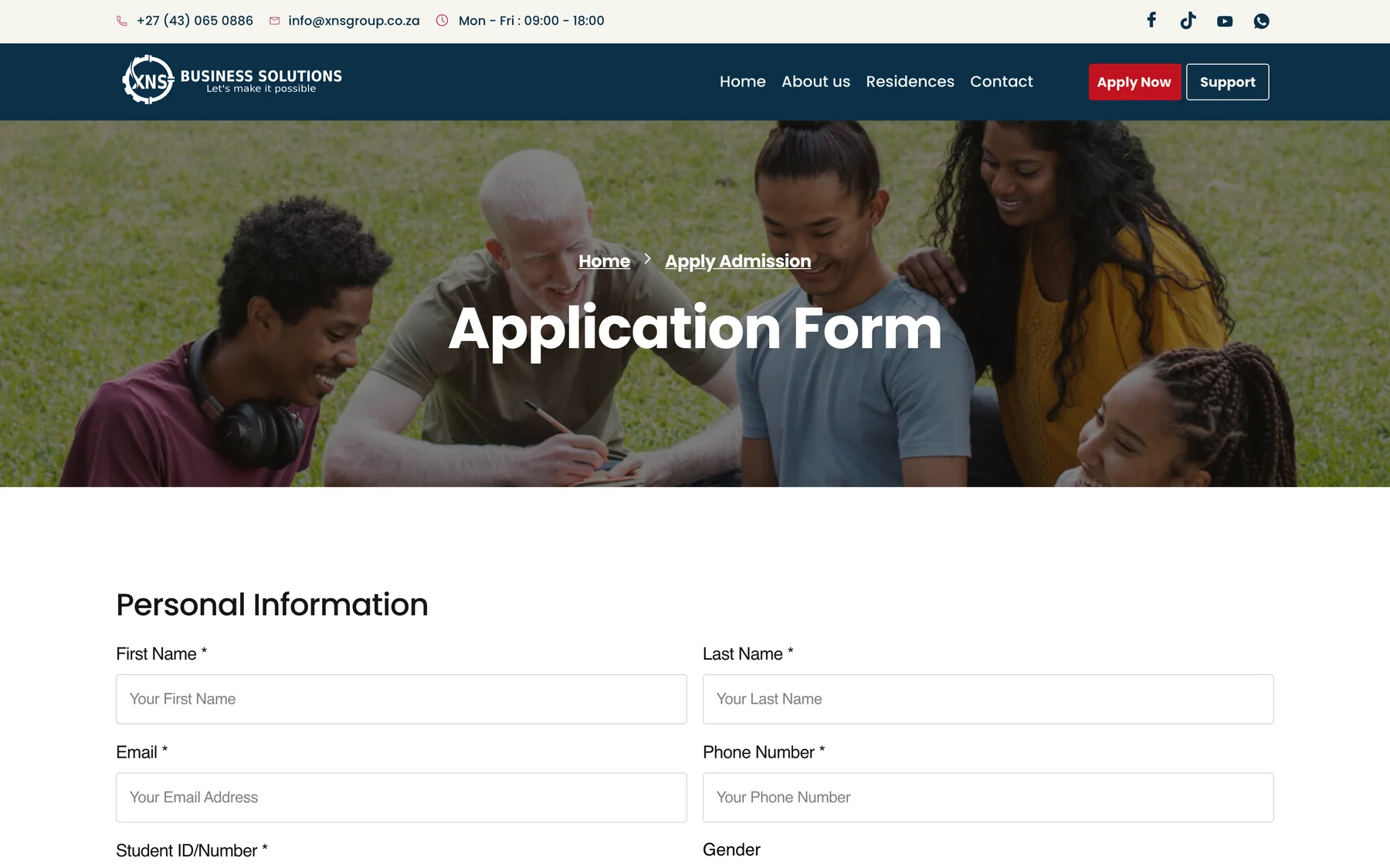 XNS Business Solutions website &mdash; application form &mdash; desktop
