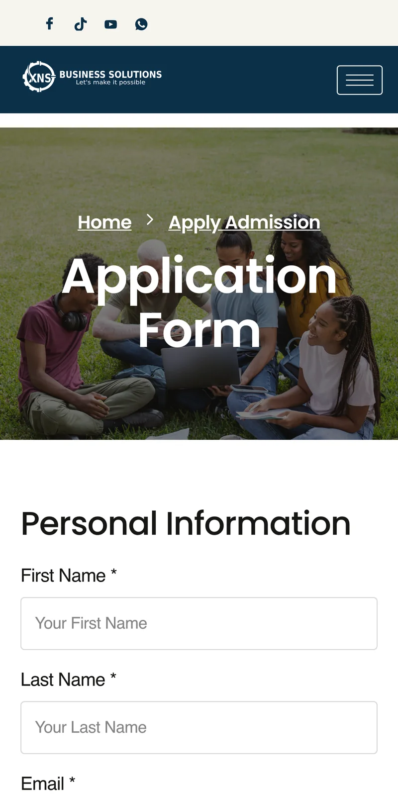 XNS Business Solutions website &mdash; application form &mdash; mobile