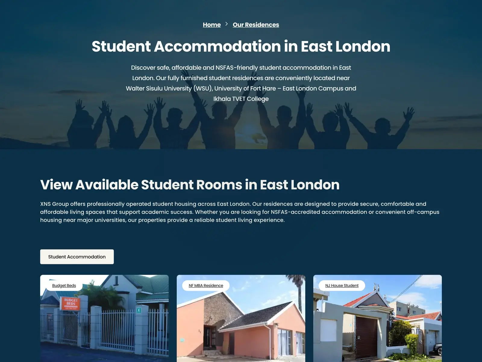 XNS Business Solutions website — residences page — desktop
