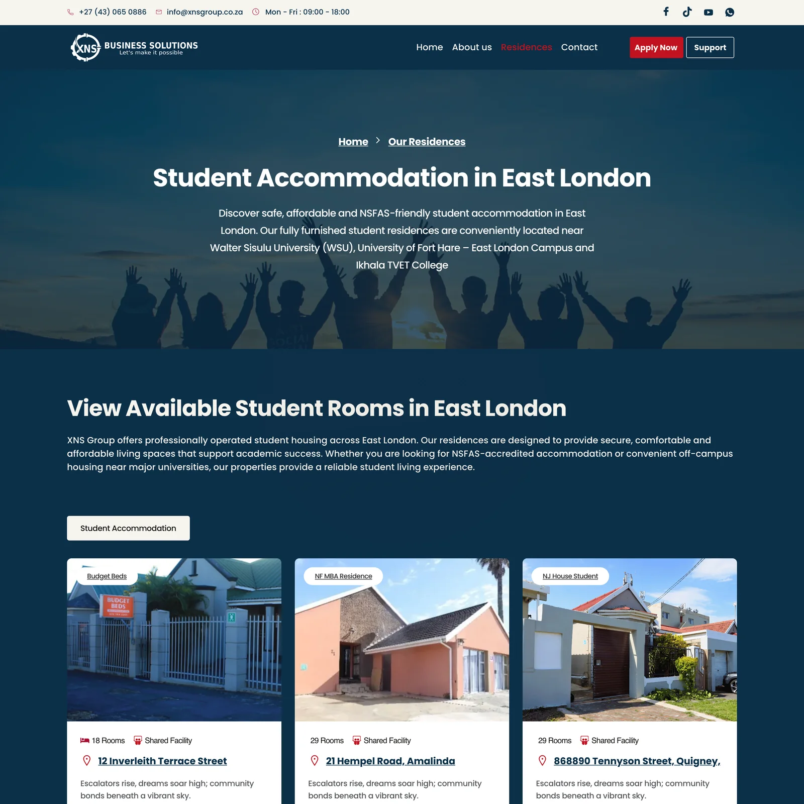 XNS Business Solutions website &mdash; residences page &mdash; desktop