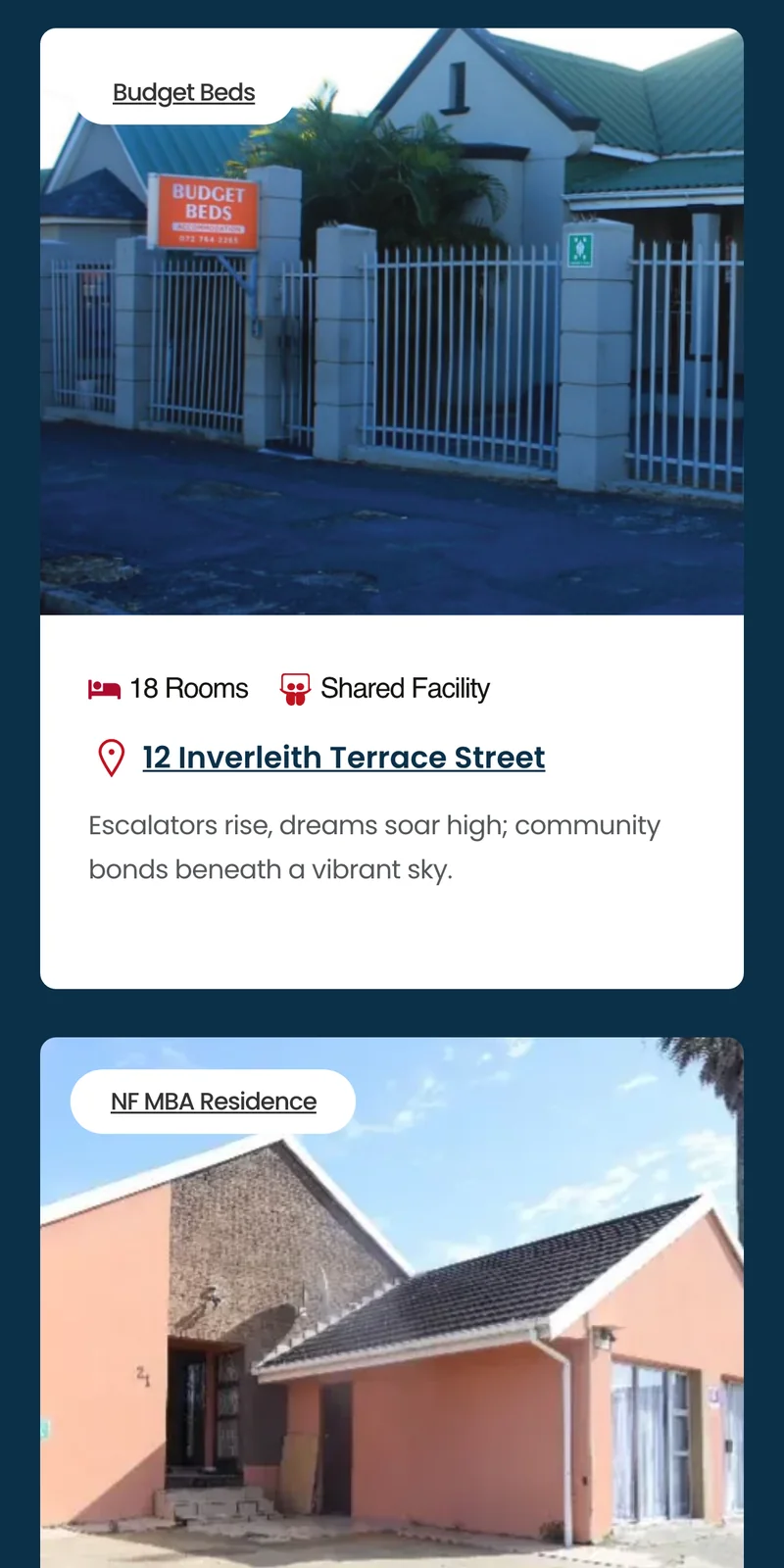 XNS Business Solutions website &mdash; residence listing &mdash; mobile