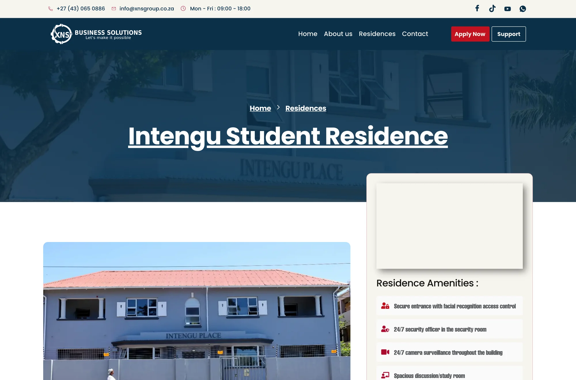 XNS Business Solutions website &mdash; Intengu Student Residence &mdash; desktop