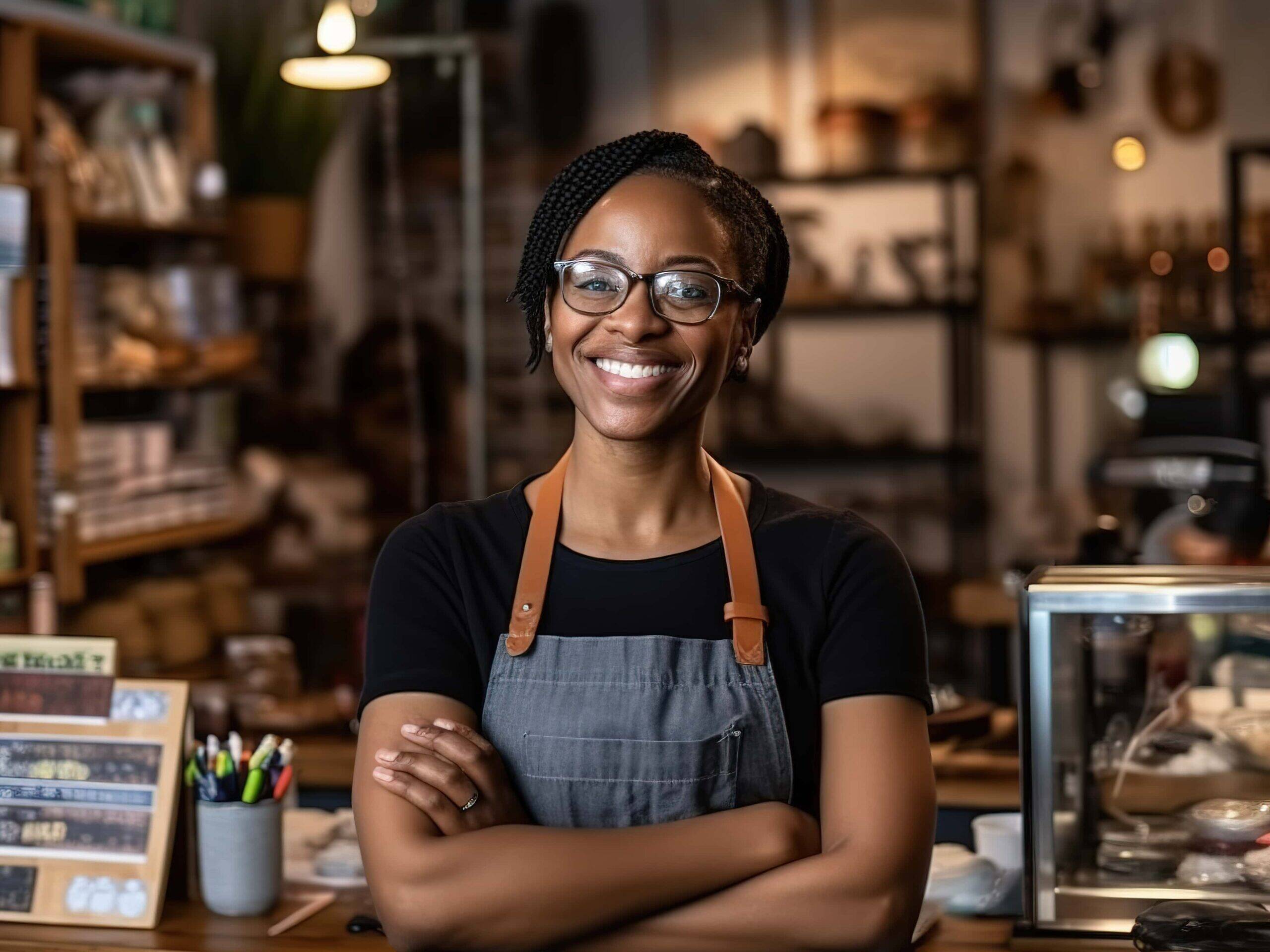 A smiling small business owner standing behind the counter of her shop